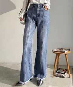 classicalelf 裾フリンジセミフレアデニムパンツ