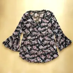 美品】エンスウィート ensuite 花柄ブラウス サラサラ生地 長袖 黒 