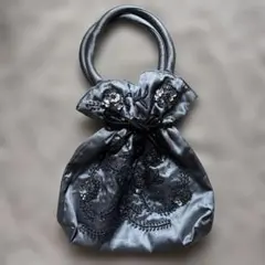 ビーズ刺繍 グレー サテン ハンドバッグ　ポーチバッグ