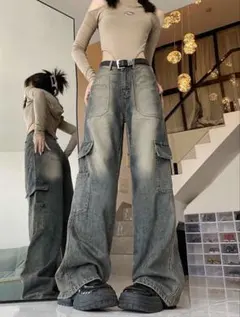 SHEIN デニム カーゴパンツ ジーンズ ブルー ビンテージ ストリート 韓国