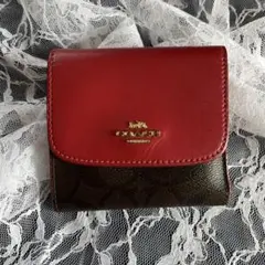 コーチCOACHウォレットミニ財布三つ折りシグネチャーレッド美品