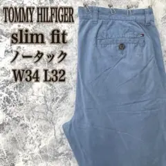 ID381 US古着トミーヒルフィガー刺繍ノータックスリムテーパードチノパンツ
