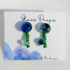 ガラス ドロップス サージカルステンレス ピアス ブルー アート クリア お花