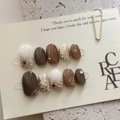 ネイルチップ 現品 淡色 ニュアンス Mサイズ ブラウン バレンタイン 冬