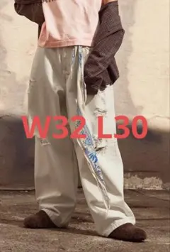 【新品】H&M スーパーバギーデニム W32 L30 ホワイト/ブルー