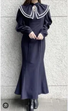 LILIAN CARAT ケープカラーングワンピース ネイビー