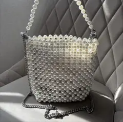 美品☆パールショルダーバッグ チェーン 巾着 ビーズ 2way ワイヤーバッグ