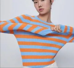 ZARA ザラ　タイトニット　リブ　ボーダー　M 水色　オレンジ ストレッチ