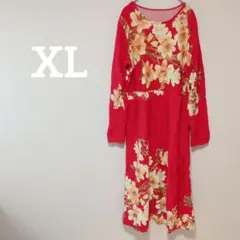 一点もの✨️ 【XL】長袖 花柄 ウエスト切り替え ワンピース 華やか 赤