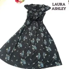 ローラアシュレイ　ロングワンピース　花柄　ウエストリボン　Aライン フレア