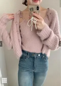 カーディガン×リボンキャミフェザーニットセットアップ[an1407]