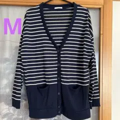 Vネックボーダーカーディガン　紺　M