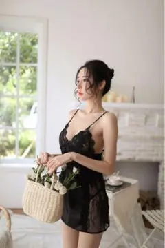 黒　ベビードール セクシー ランジェリー　スリップ 下着　レース　花