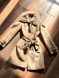 ベージュ ウールコート ファー襟 ベルト付き
