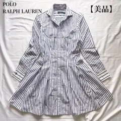 美品✨ポロラルフローレン　シャツワンピース　ロゴ刺繍　ストライプ　フレア　ブルー