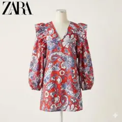【美品】ザラ 花柄 フリル袖 ひざ丈ワンピース 華やか 体型カバー ボリューム袖