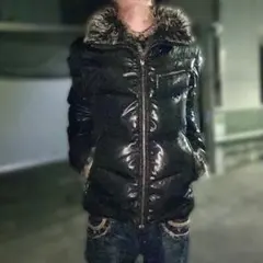 00s Y2K archive ファー ダウンジャケット ライダース 光沢 平成