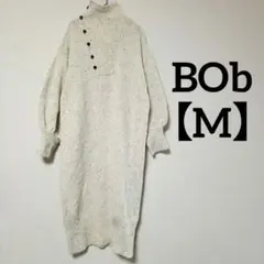 BOb【M】ハイネック ニットワンピース ホワイト系 バルーン袖 リブ