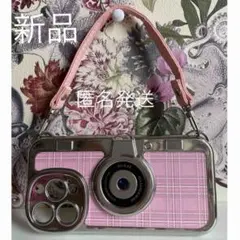 iPhone14Pro カメラ型携帯ケース　ピンクチェック新品匿名発送ストラップ