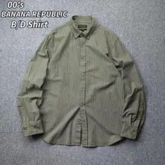 00s バナナリパブリック 長袖 ストライプ シャツ オリーブ 古着 L