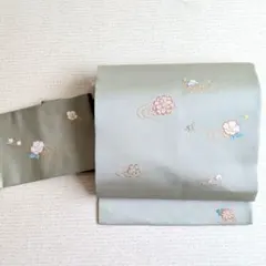 名古屋帯 九寸 正絹 金銀糸 刺繍 西陣織 お太鼓柄 若葉色 sh0148のサムネイル