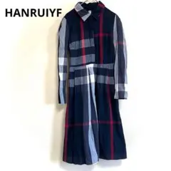 【HANRUIYF】長袖シャツワンピース　 チェック　膝下丈　プルオーバー