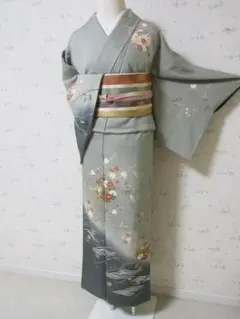 訪問着：花模様：波と銀杏：スモークグリーン：正絹：袷、伊勢丹：M39