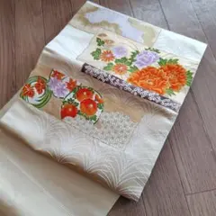 名古屋帯 花柄刺繍 クリーム色