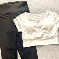 Lサイズ ヨガ・ピラティスウェアVネック クロップドトップ上下セットアップ