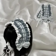 【 現品限り 】 編み物 かぎ針編み ヘッドドレス チェック リボン 青 水色