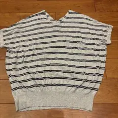 GU ドルマンスリーブ サマー半袖ニット グレー ボーダーVネック XL
