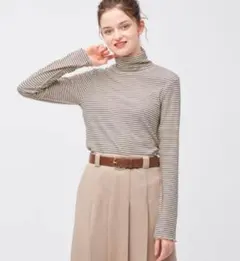 GU ソフトリブタートルネックT 長袖　ボーダー　M　ベージュ