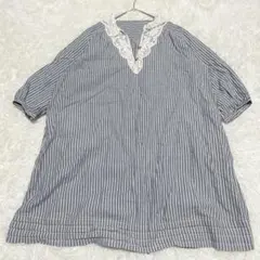 BELLEMAISON ベルメゾン ストライプ柄 五分袖シャツ レース付き LL