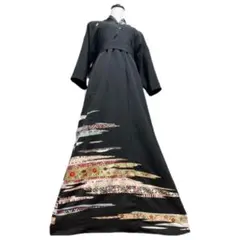 留袖　着物リメイク　タック襟ドレス　和柄　ワンピース　　刺繍小花　ハンドメイド