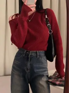 ワンショルダーリボンリブニットトップス[th004]