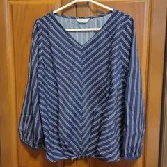 ネイビー ストライプ Vネック 長袖シャツ M