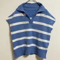 ZARA 【S】ザラ ボーダー柄 ニットベスト スキッパーカラー ブルー 白