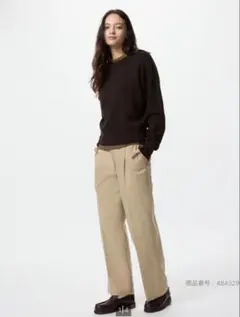 ユニクロ タックワイドパンツ/コットン　ベージュ　M