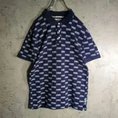 TOMMY JEANS 総柄ポロシャツ ロゴ ネイビー M 鹿の子 古着 半袖のサムネイル