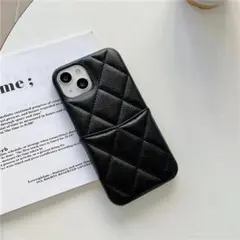 韓国♡ iPhoneケース カード入れ付き キルティング レザー ブラック　黒
