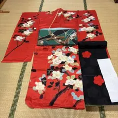 振袖 フルセット 赤地に黒椿 本振袖 成人式 紗綸子 新品 未仕立て