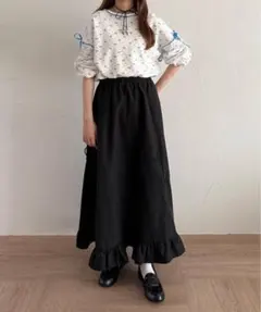 kutir アソートダブルリボンフリルスカート フレア ロングスカート 黒