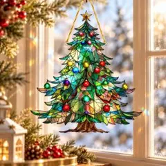 サンキャッチャー クリスマスツリー ステンドグラス風 アクリル 窓飾り 壁掛け