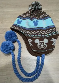 【美品】ミッキーマウス柄 ニット帽 ポンポン付き