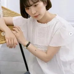 Samansa Mos2 blue インド綿　フリル袖レースピンタックブラウス