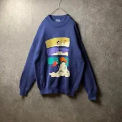 ヴィンテージ　セーター　ニット　青　総柄　ビッグ刺繍ロゴ　奇抜　古着
