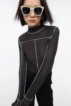 Ｈ＆Ｍ ワッフルハイネックトップス 長袖カットソー 黒