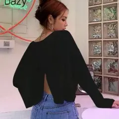 ドロップショルダー クロップド トップス 長袖 DAZY バックレース ブラック