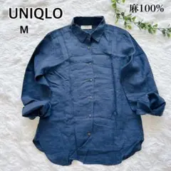 UNIQLO 麻100% ネイビーブルー シャツ M 長袖シャツ ブラウス