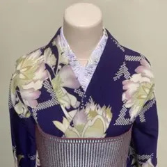 【撫松庵】夏着物 盛夏 広衿 洗える着物 ポリエステル 花柄 紫のサムネイル